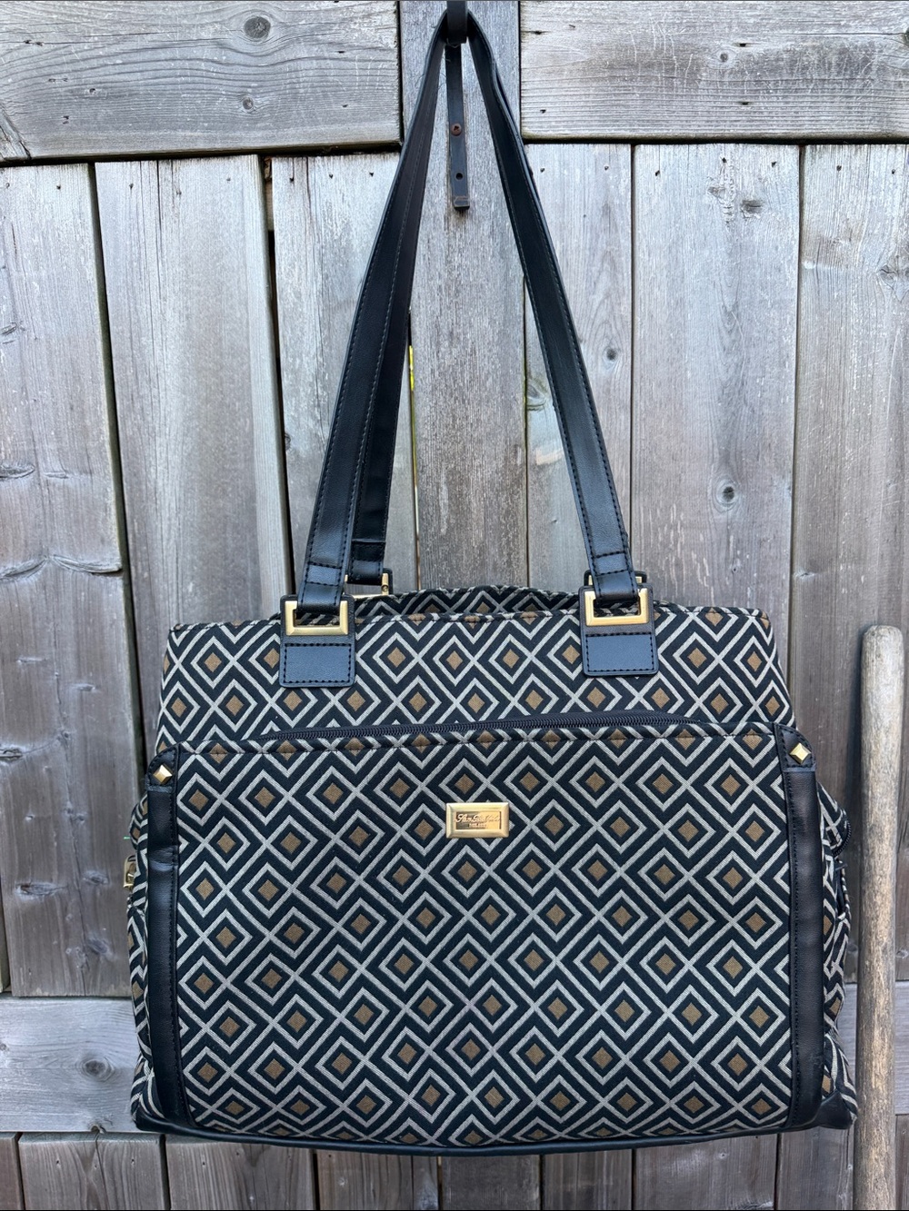 SanBabila Milano Geometric Pattern Black and Tan Tote Bag